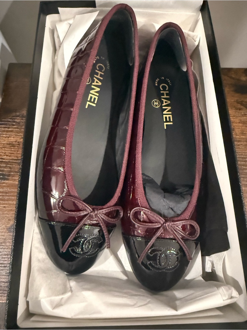 CHANEL Burgundy and Black Patent Cap-Toe Ballet Flats